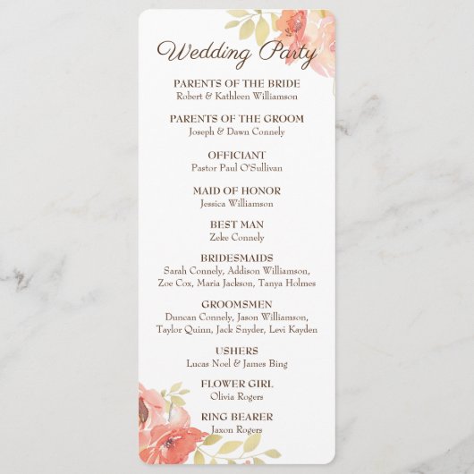 Koraal en Goud Roos Wedding Itinerary Programma Programmakaart (Achterkant)