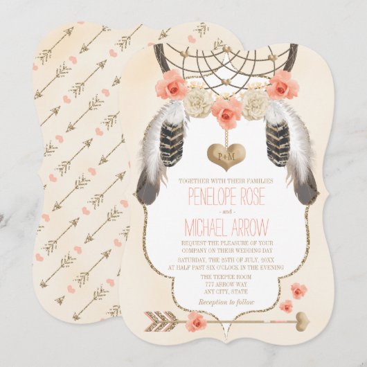 Koraal en Gouden Dreamcatcher Bruiloft Kaart (Voorkant / Achterkant)