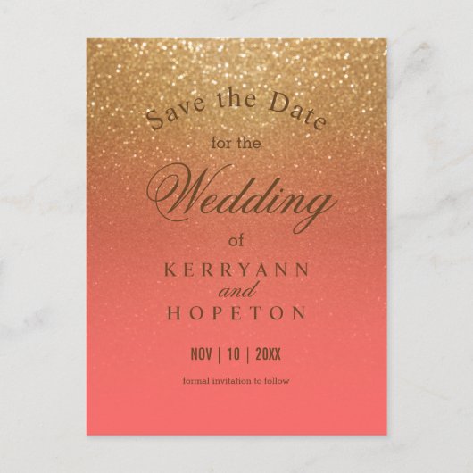 Koraal en Gouden Glitters - Bewaar deze datum Aankondigingskaart (Voorkant)