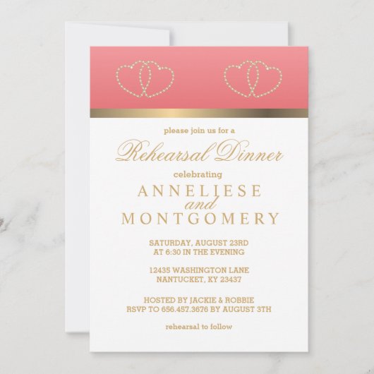 Koraal en gouden harten - repetitie diner kaart (Voorkant)