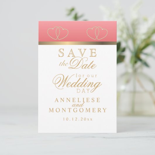 Koraal en Gouden Harten - Save the Date (Staand voorkant)
