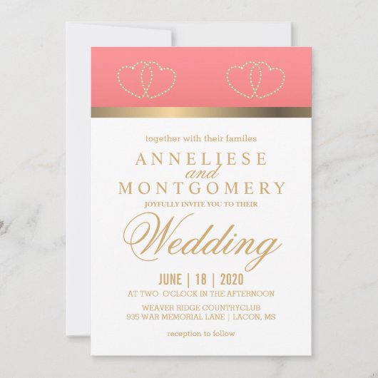 Koraal en gouden harten - Uitnodiging (Voorkant)