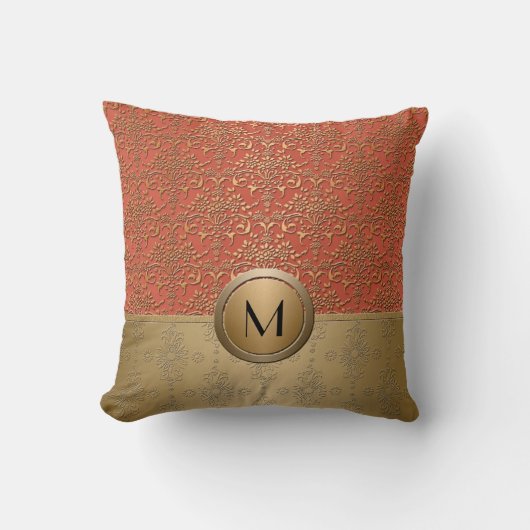 Koraal en Gouden Monogram Damast Patroon Kussen (Voorkant)