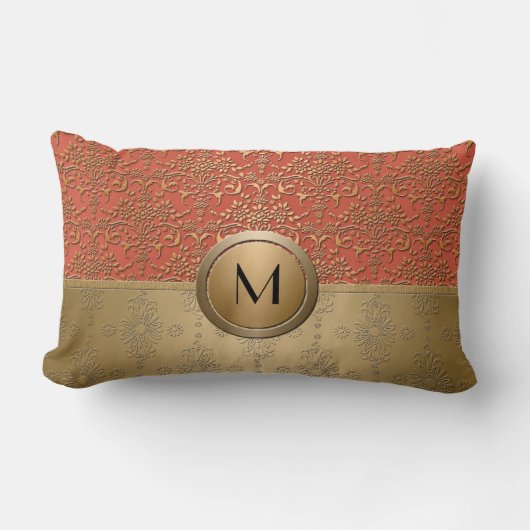 Koraal en Gouden Monogram Damast Patroon Kussen (Voorkant)