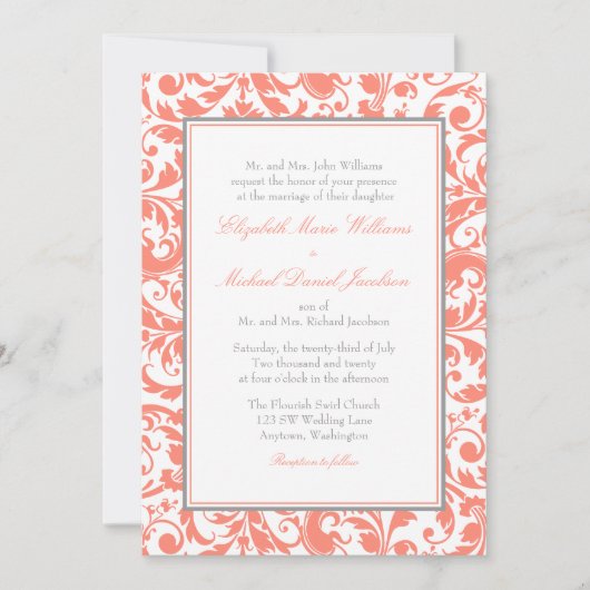 Koraal en grijs Damask Wedding Kaart (Voorkant)
