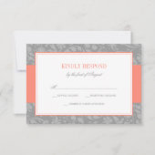 Koraal en grijs Damask Wedding RSVP (Voorkant)