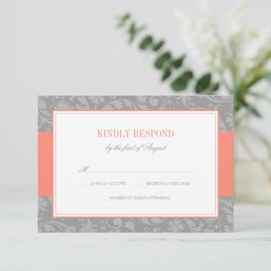 Koraal en grijs Damask Wedding RSVP (Staand voorkant)