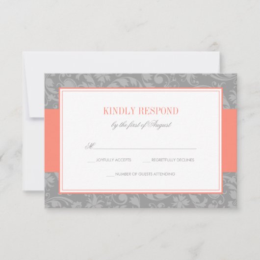 Koraal en grijs Damask Wedding RSVP Kaartje (Voorkant)