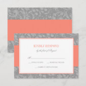 Koraal en grijs Damask Wedding RSVP Kaartje (Voorkant / Achterkant)