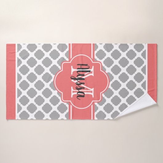 Koraal en grijs Marokkaanse monogrammed Bath Towel Badhanddoek (Badhanddoek)