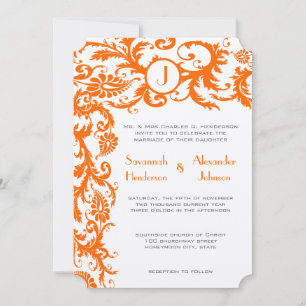 Koraal en grijs Oranje Damask Wedding Invitation Kaart