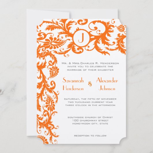 Koraal en grijs Oranje Damask Wedding Invitation Kaart (Voorkant)