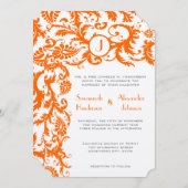 Koraal en grijs Oranje Damask Wedding Invitation Kaart (Voorkant / Achterkant)