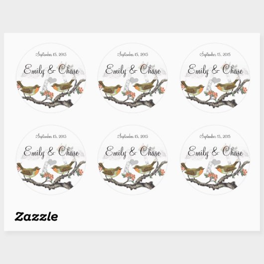 Koraal en Grijs Vogels Trouwstickers Ronde Sticker (Vel)