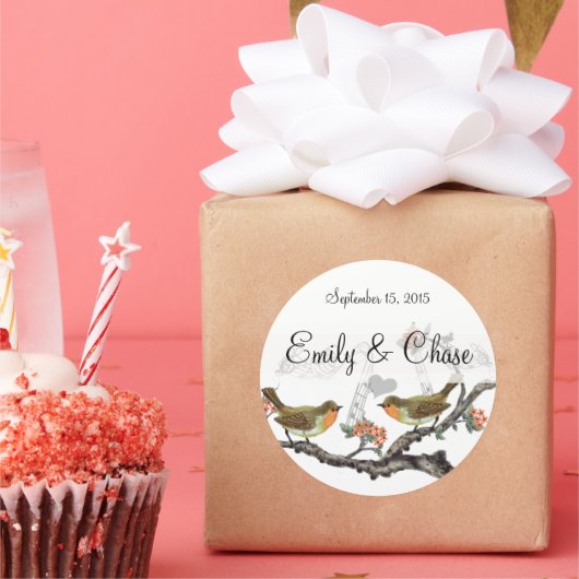 Koraal en Grijs  Vogels Trouwstickers Ronde Sticker (Feest)