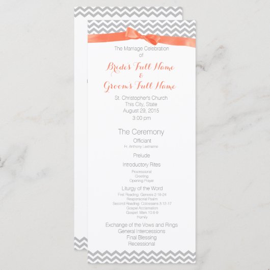 Koraal en grijs zigzag patroon bruiloft programma programmakaart (Voorkant / Achterkant)