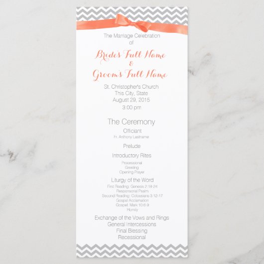 Koraal en grijs zigzag patroon bruiloft programma programmakaart (Voorkant)