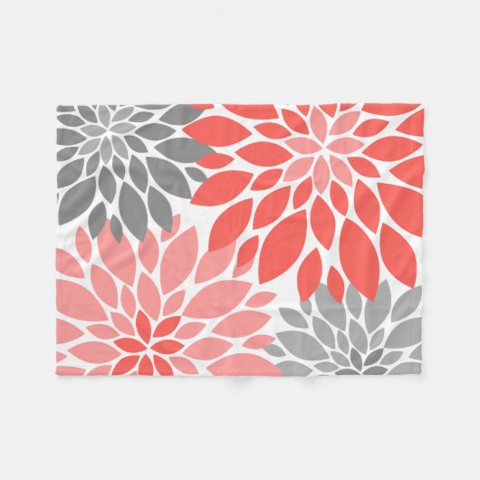 Koraal en grijze Chrysanthema's Floral Pattern Fleece Deken (Voorkant (Horizontaal))