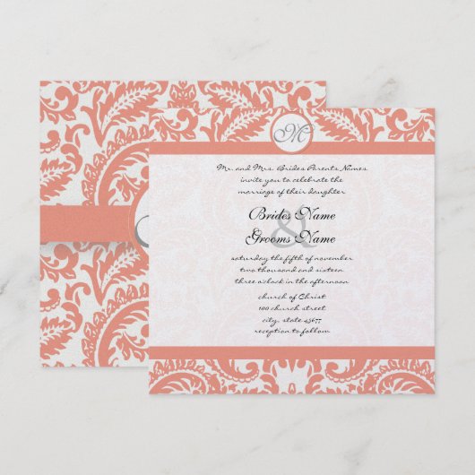Koraal en grijze Damask Wedding-uitnodigingen Kaart (Voorkant / Achterkant)