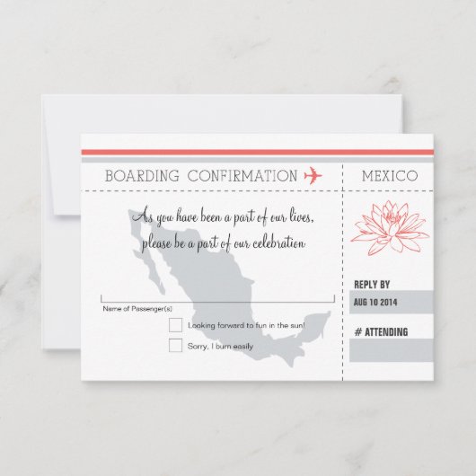 Koraal- en grijze RSVP-instapkaart voor MEXICO RSVP Kaartje (Voorkant)
