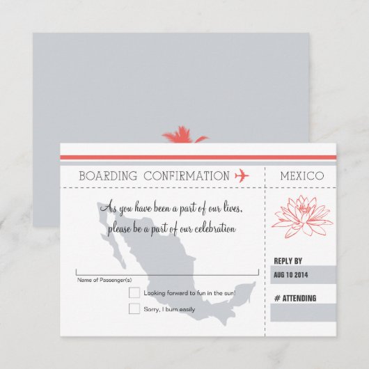 Koraal- en grijze RSVP-instapkaart voor MEXICO RSVP Kaartje (Voorkant / Achterkant)