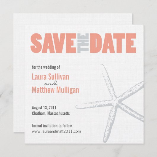 Koraal en grijze Starfish Weddenschap Bewaar datum Save The Date (Voorkant / Achterkant)