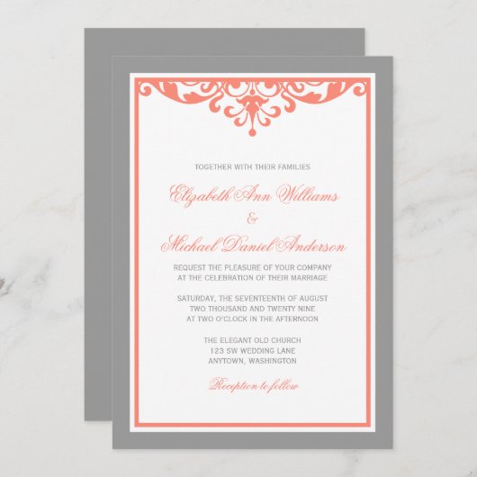 Koraal- en grijze Vlurierbruiloft Kaart (Voorkant / Achterkant)