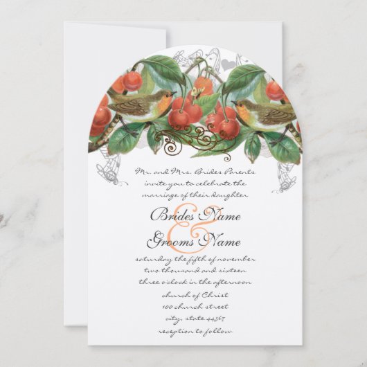 Koraal en grijze  vogels Cherry Wedding Invite Kaart (Voorkant)