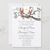 Koraal en grijze  vogels uitgenodigd voor bruiloft kaart (Voorkant)