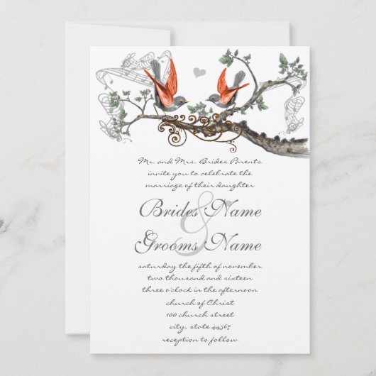 Koraal en grijze  vogels uitgenodigd voor bruiloft kaart (Voorkant)