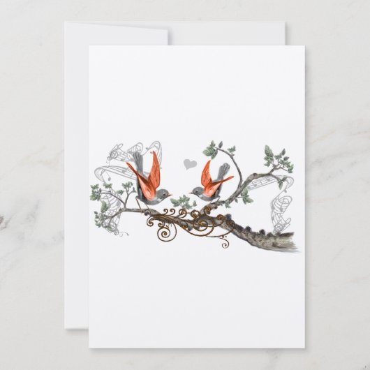 Koraal en grijze  vogels uitgenodigd voor bruiloft kaart (Achterkant)