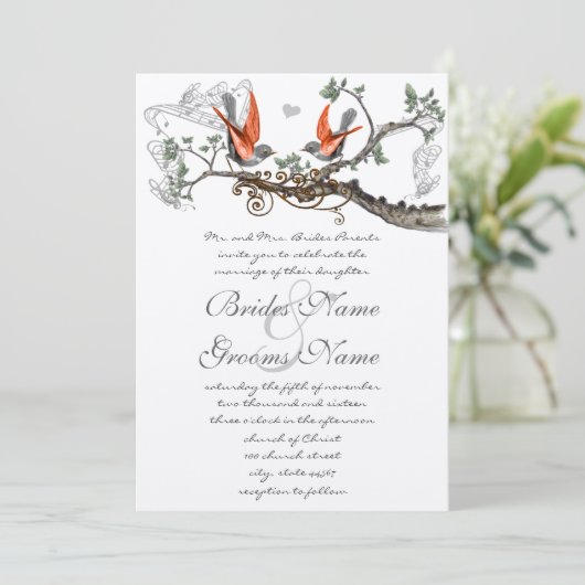 Koraal en grijze  vogels uitgenodigd voor bruiloft kaart (Staand voorkant)