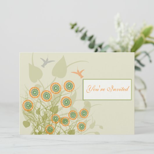 Koraal en groene cirkel Floral Wedding nodigt uit Kaart (Staand voorkant)