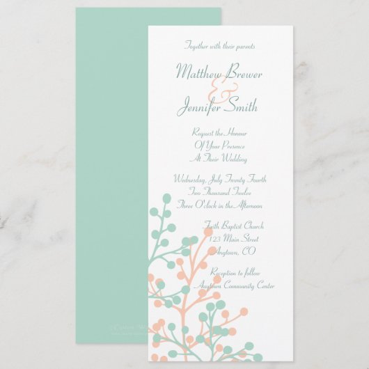 Koraal en groene Floral, lange bruiloft Kaart (Voorkant / Achterkant)