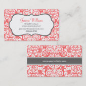 Koraal en houtskool Elegante Bloemendamast Visitekaartje (Voorkant / Achterkant)