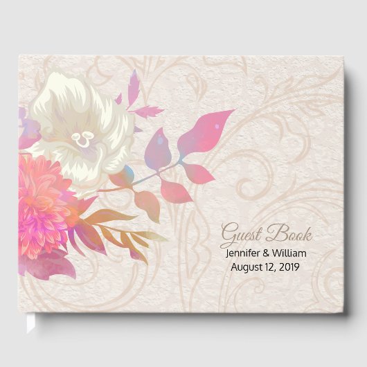 Koraal en Ivoor Bloemige Bruiloft Gastenboek (Voorkant)