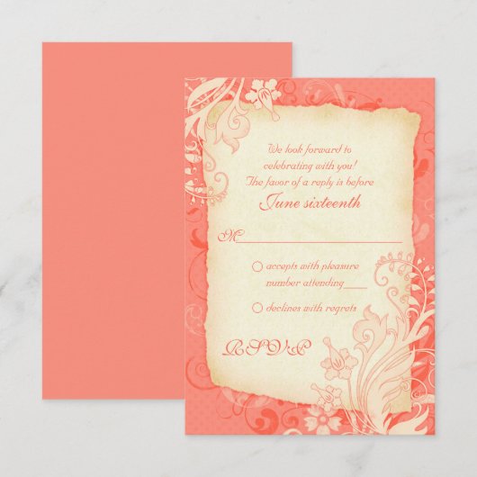 Koraal en Ivoor Bloemkaart voor Huwelijksreactie RSVP Kaartje (Voorkant / Achterkant)
