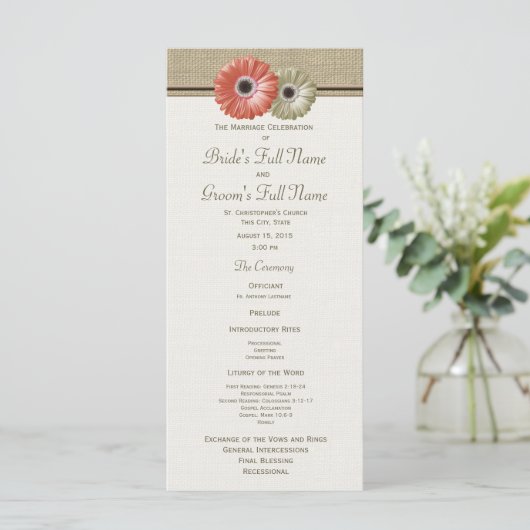 Koraal en Ivoor Gerbera Daisy Wedding Program Programmakaart (Staand voorkant)