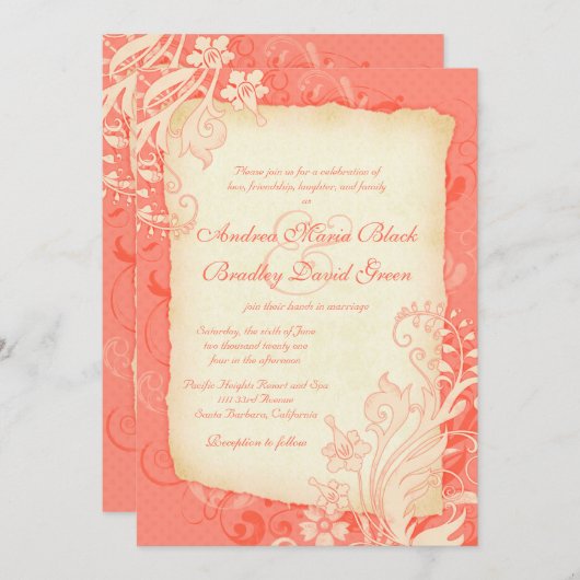Koraal en Ivory - uitnodiging voor het huwelijk v (Voorkant / Achterkant)