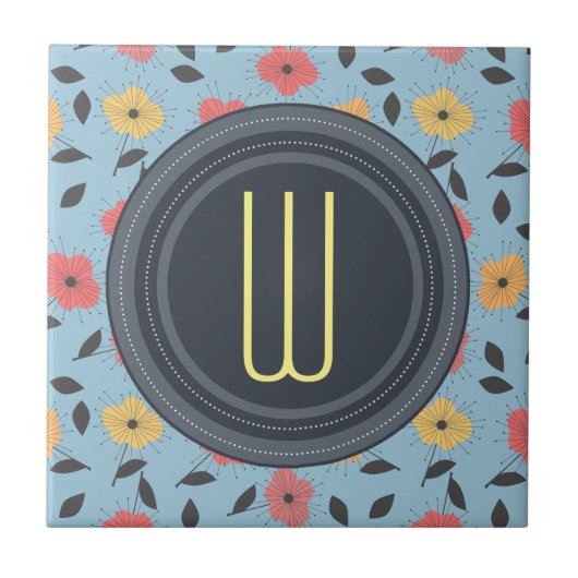 Koraal en Lemon 50s Retro Bloemen Patroon Tegeltje (Voorkant)