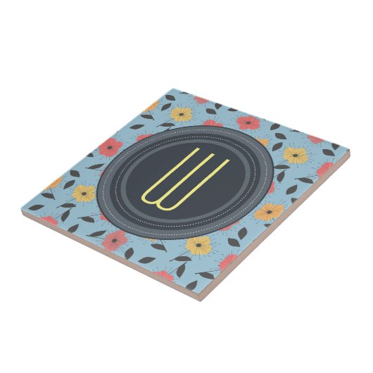 Koraal en Lemon 50s Retro  Bloemen Patroon Tegeltje (Zijkant)