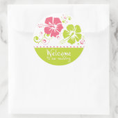 Koraal en Limoen Hibiscus Bloemenbruiloft Ronde Sticker (Tas)