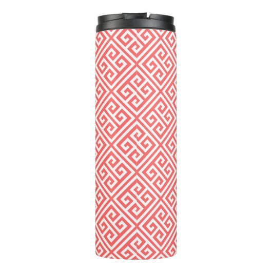 Koraal en marine blauw Griekse sleutel Monogram Thermosbeker (Achterkant)