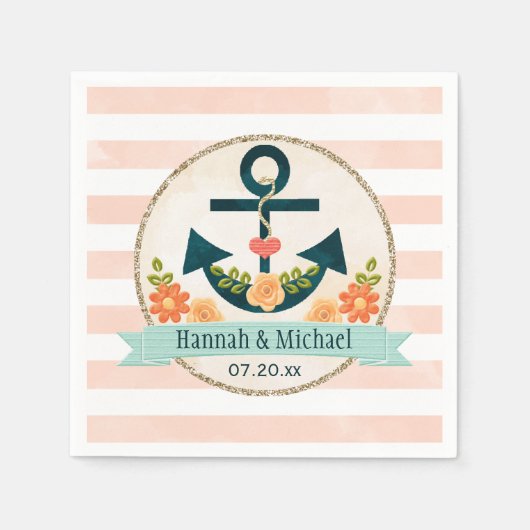 Koraal en marine blauw nautische anker bruiloft servetten (Voorkant)