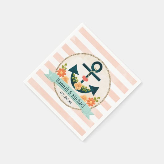 Koraal en marine blauw nautische anker bruiloft servetten (Hoek)