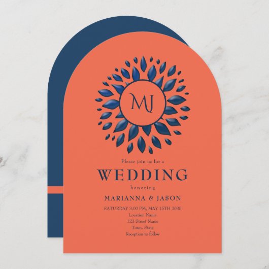 Koraal en marine blauwe bruiloft uitnodiging (Voorkant / Achterkant)