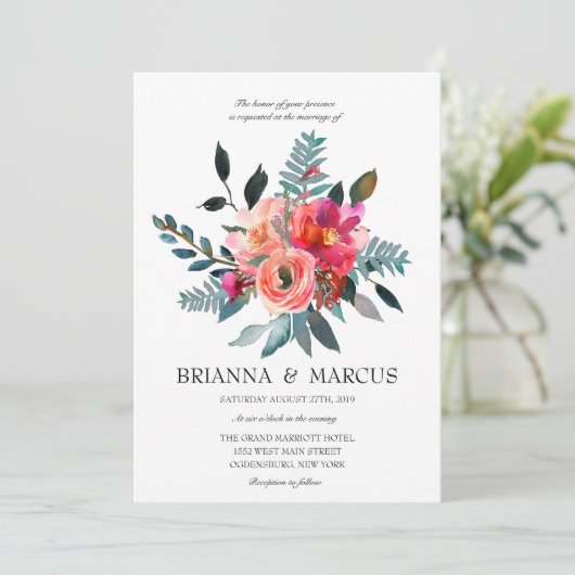 Koraal en Marine Bloemen Huwelijksuitnodiging Kaart (Staand voorkant)