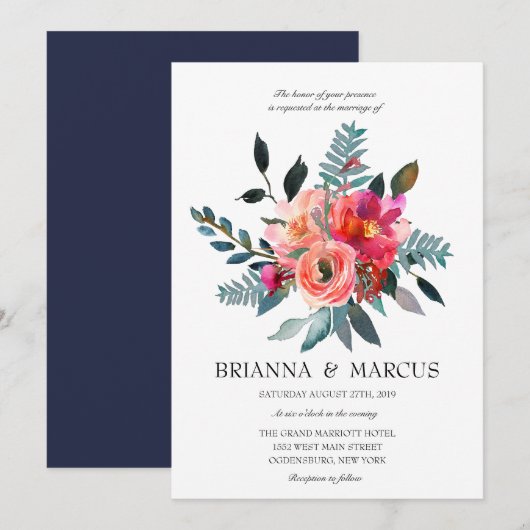 Koraal en Marine Bloemen Huwelijksuitnodiging Kaart (Voorkant / Achterkant)