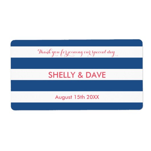 Koraal en marine gestreepte bruiloft water fles la etiket (Voorkant)