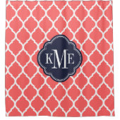 Koraal en marine Marokkaanse Quatrefoil Monogram Douchegordijn (Voorkant)